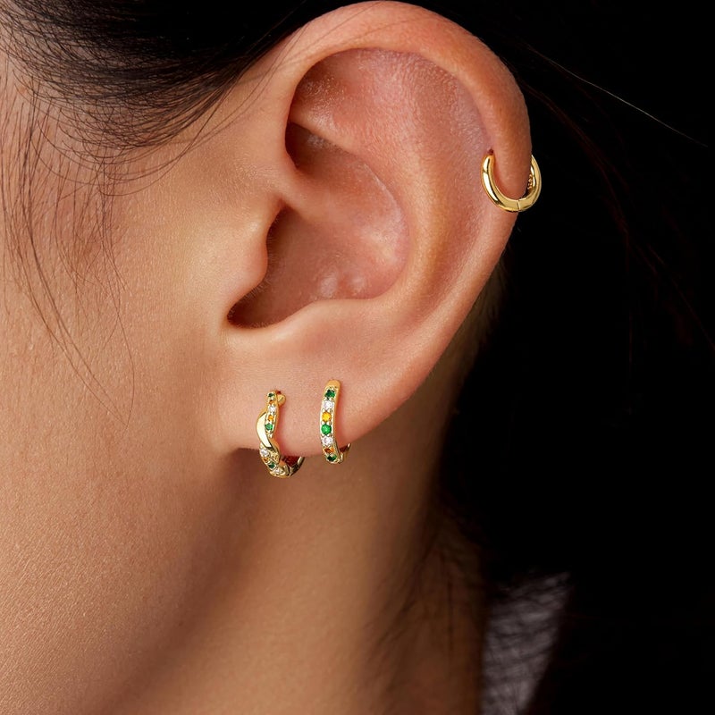 Inerney 14K Gold Plated Huggie Hoop Earrings for Women, Small Sterling Silver Earring Set Hypoallergenic Cartilage Helix Stacks, Mini Dainty Cute Trendy Birthstone Jewelry Gift for Multiple Piercings - Image 3